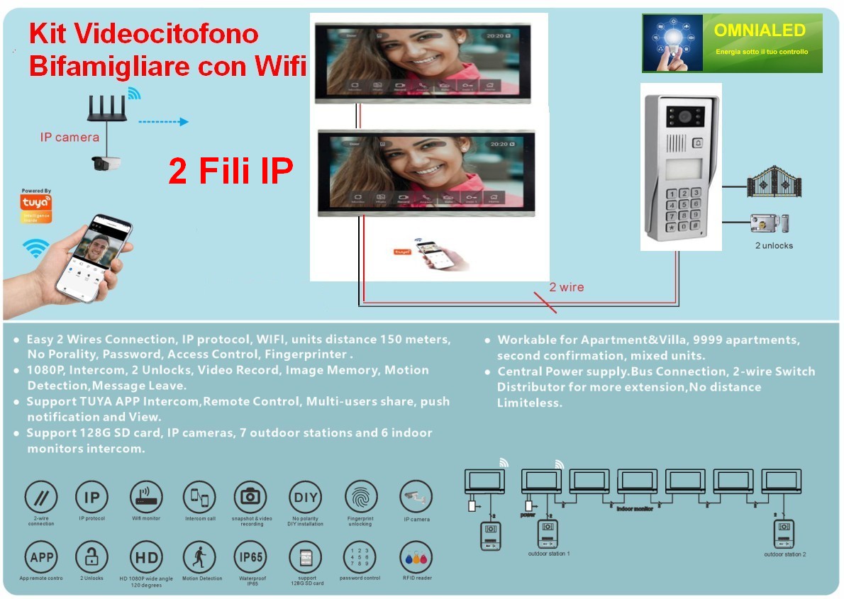 Kit Videocitofono Bifamiliare 2 fili Connesso alla Wi-Fi